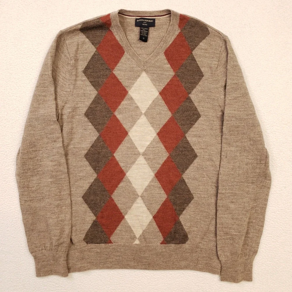 Banana Republic Sweater Mens Medium Tan Argyle Merino Wool V-Neck Pullover
